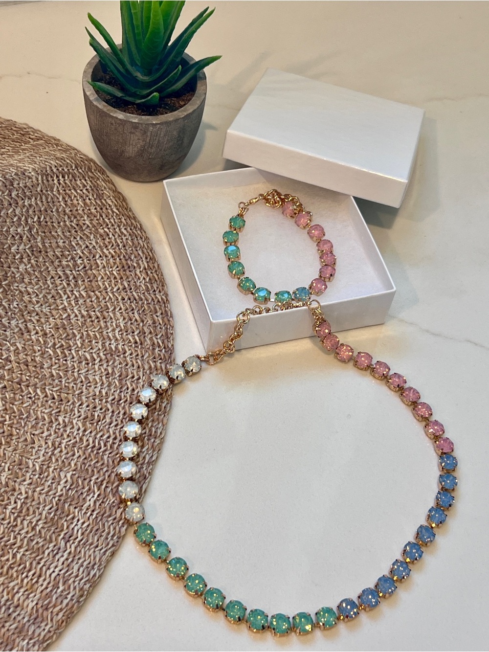 Gold Multi-Color Crystal Tennis Necklace and Bracelet Set